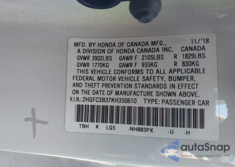 2019 Honda Civic Ex from USA, damaged, VIN 2HGFC3B37KH350610